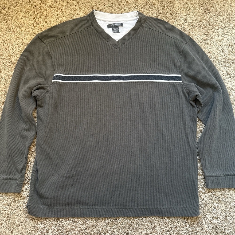 Method Men's XL Gray V-Neck Pullover Sweater Faux Layered Y2K Striped Ribbed Vtg
